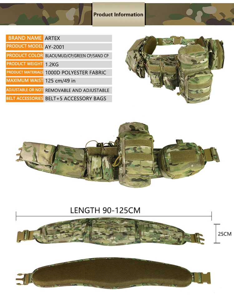 Artex 1000d Nylon Multicam Tactical Duty Waist Belt Molle Camo Gun Utility Battle Belt Padded Tactical Combat Belt